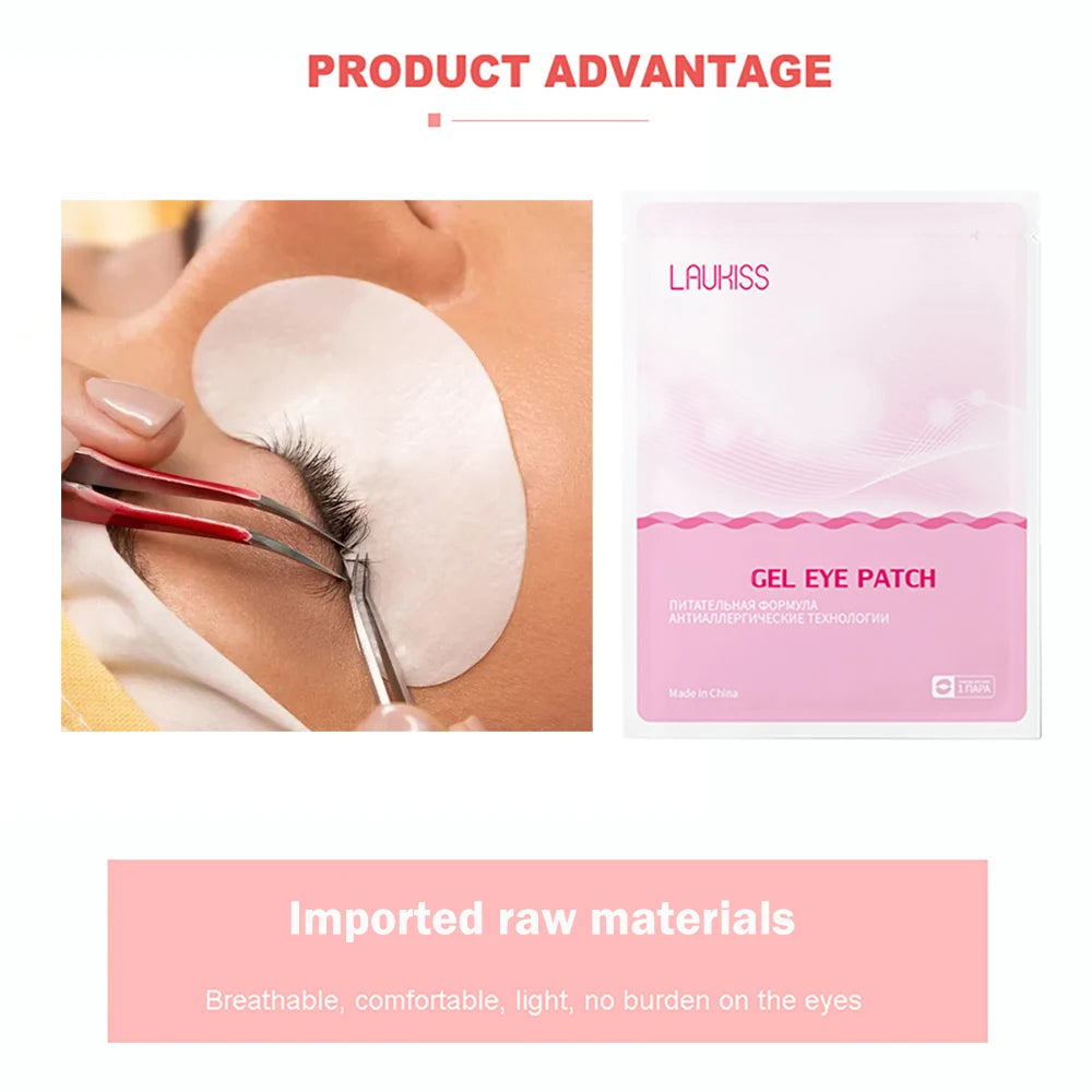White gel eyelash extension pads being applied under the eye with tweezers next to pink individual patch packaging.