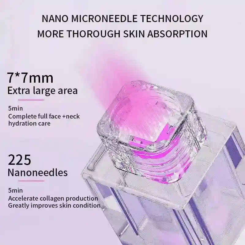 Square microneedle skin care tool with 225 needles on a 7x7mm transparent purple head for facial hydration.