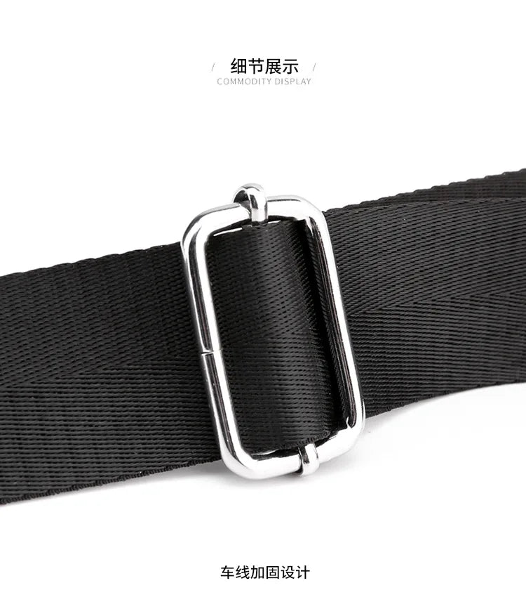 Adjustable silver metal slider on durable black canvas shoulder strap for minimalist designer handbag.