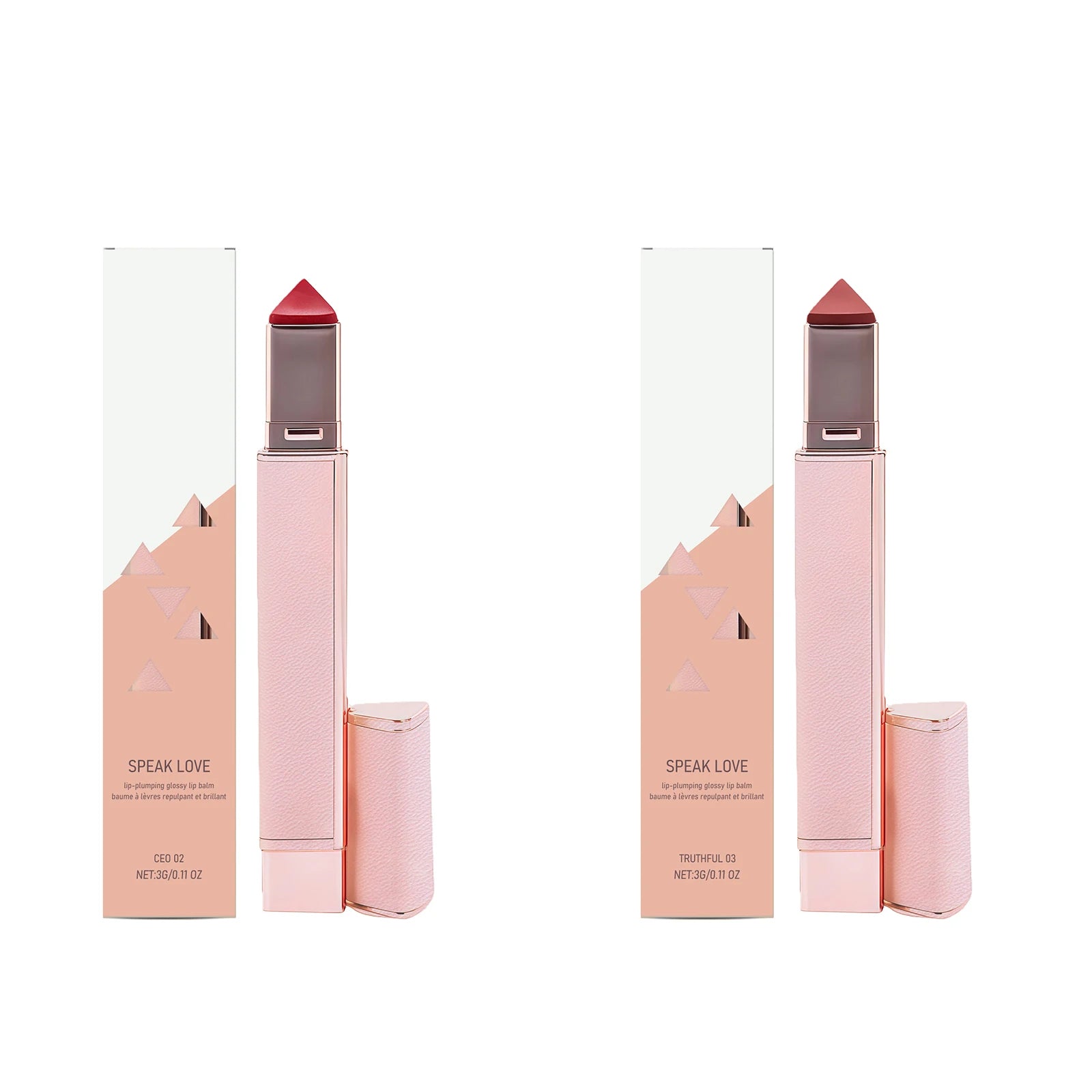 Glossy hydrating lip balm sticks in pink metallic cases with triangular tips for plumping and moisturizing dry lips.