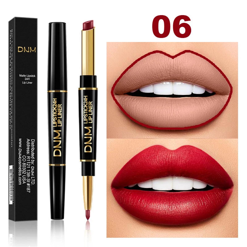 DNM 2-in-1 waterproof matte lipstick and lip liner pencil in long-lasting nude and red shades on model lips.