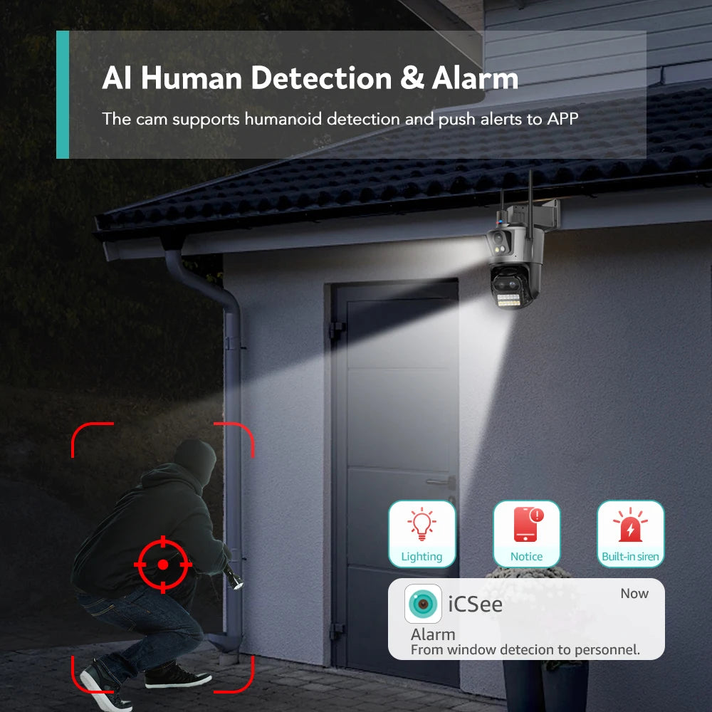 Wifi Camera Outdoor PTZ 4 Lens 4 Screen 8X Hybrid Zoom AI Auto Tracking Linkage Video Bluetooth Security Camera IP iCSee APP