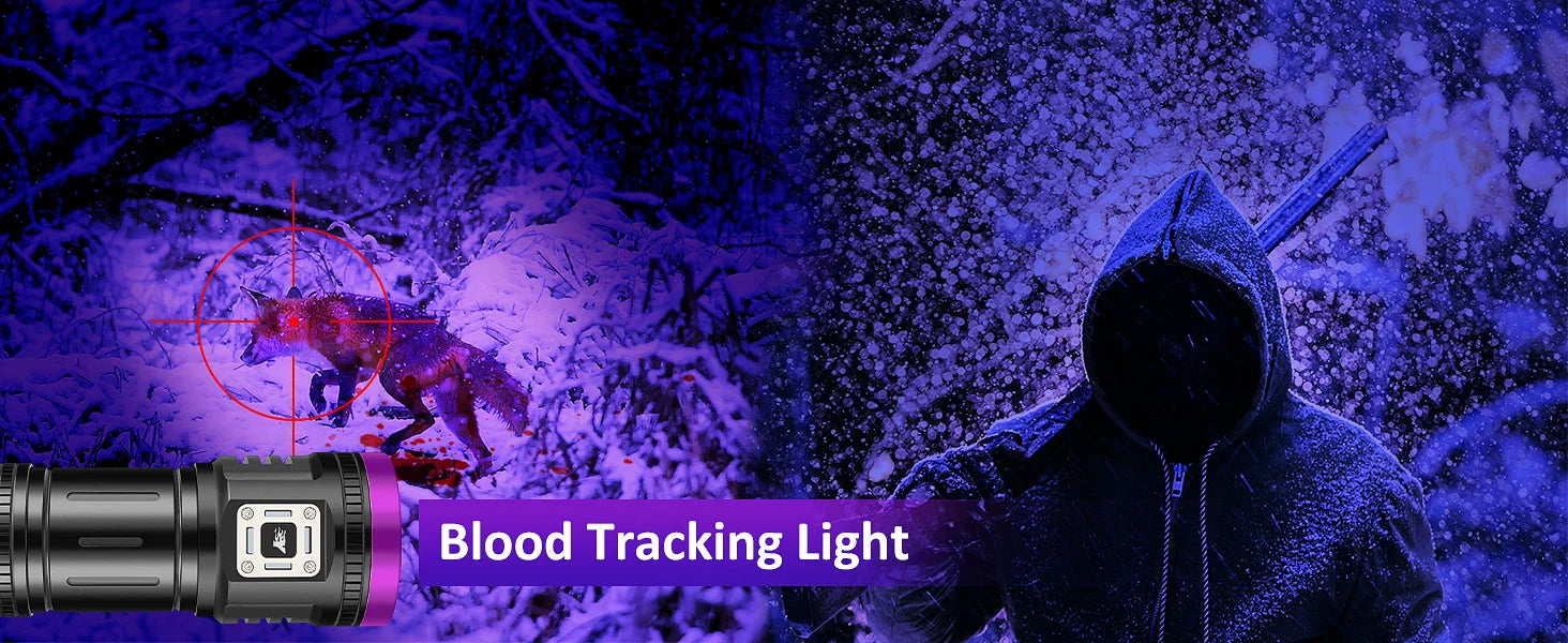 120W UV flashlight for pet urine detection and blood tracking. Powerful 395nm 9-core USB rechargeable blacklight.