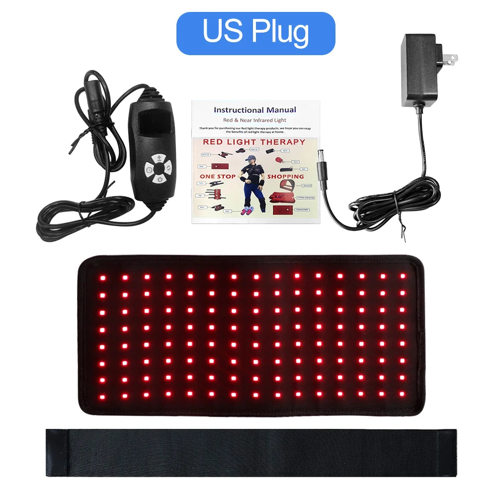 120 LED red light therapy waist belt with US plug, power controller, and manual for pain relief and body shaping.
