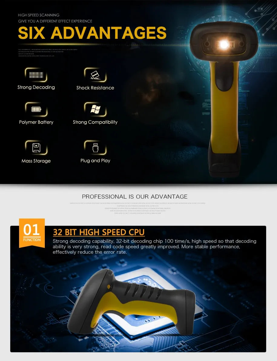 Handheld barcode scanner with yellow and black housing shown in promotional layout