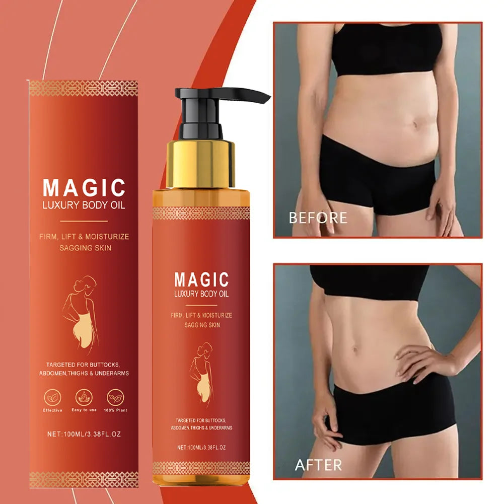 Magic Luxury Body Oil in a 100ml amber pump bottle to firm and moisturize skin on the abdomen, thighs, and buttocks.