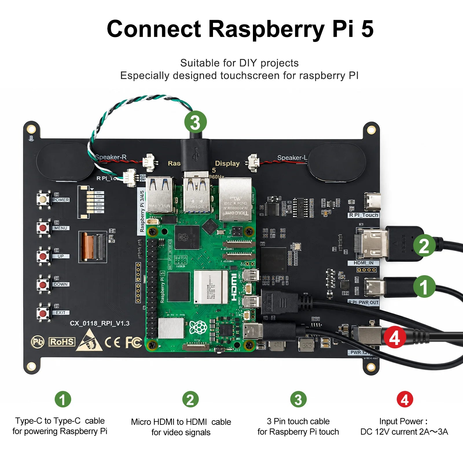 8 Inch Raspberry Pi Touch Monitor 1920×1200 IPS 10-Point Touch Screen Built-in Speaker HDMI Display for Pi 5 4B PC Case 3D Print