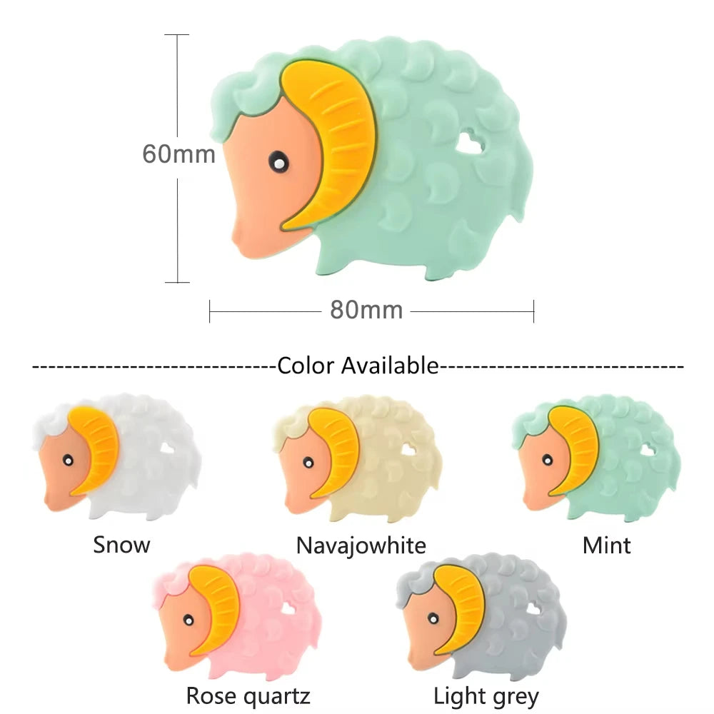 Sheep silicone baby teething toy in snow, navajowhite, mint, rose quartz, and light grey colors.