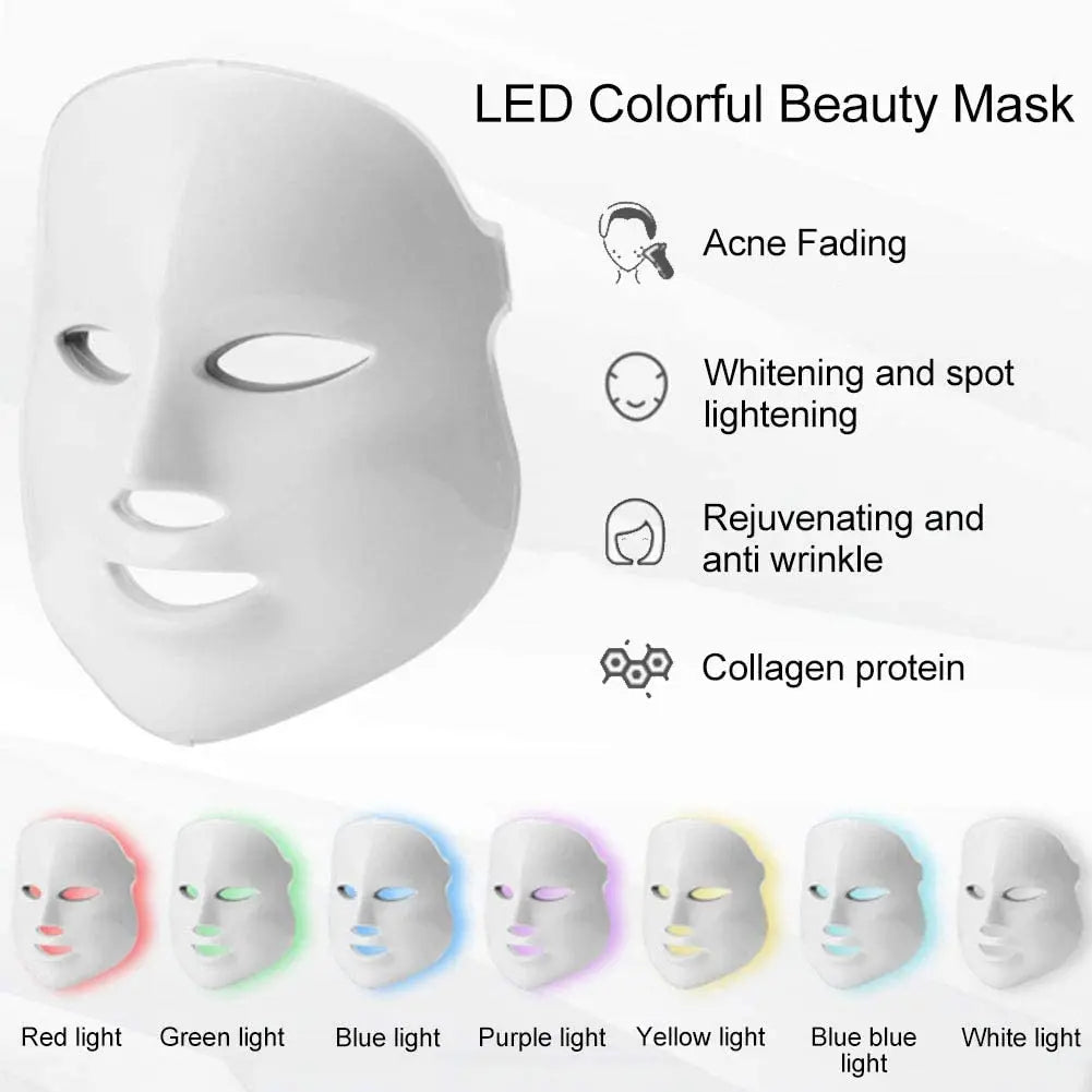White LED face mask for skin rejuvenation and acne treatment with seven color light therapy modes for spa skincare.