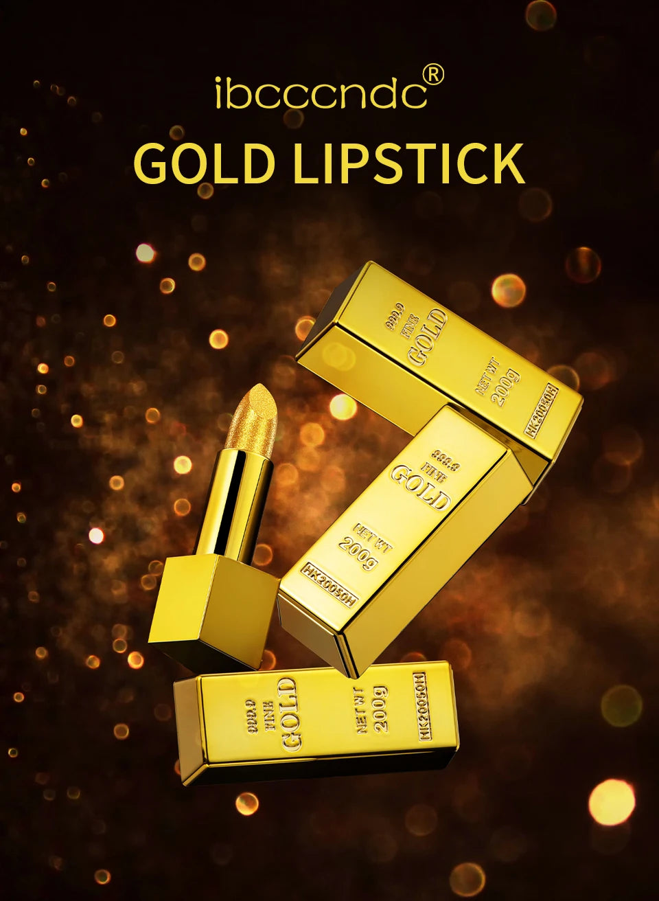 Shimmer gold lipstick in a metallic gold brick tube. Long-lasting, glittery cosmetic finish for luxury lip makeup.