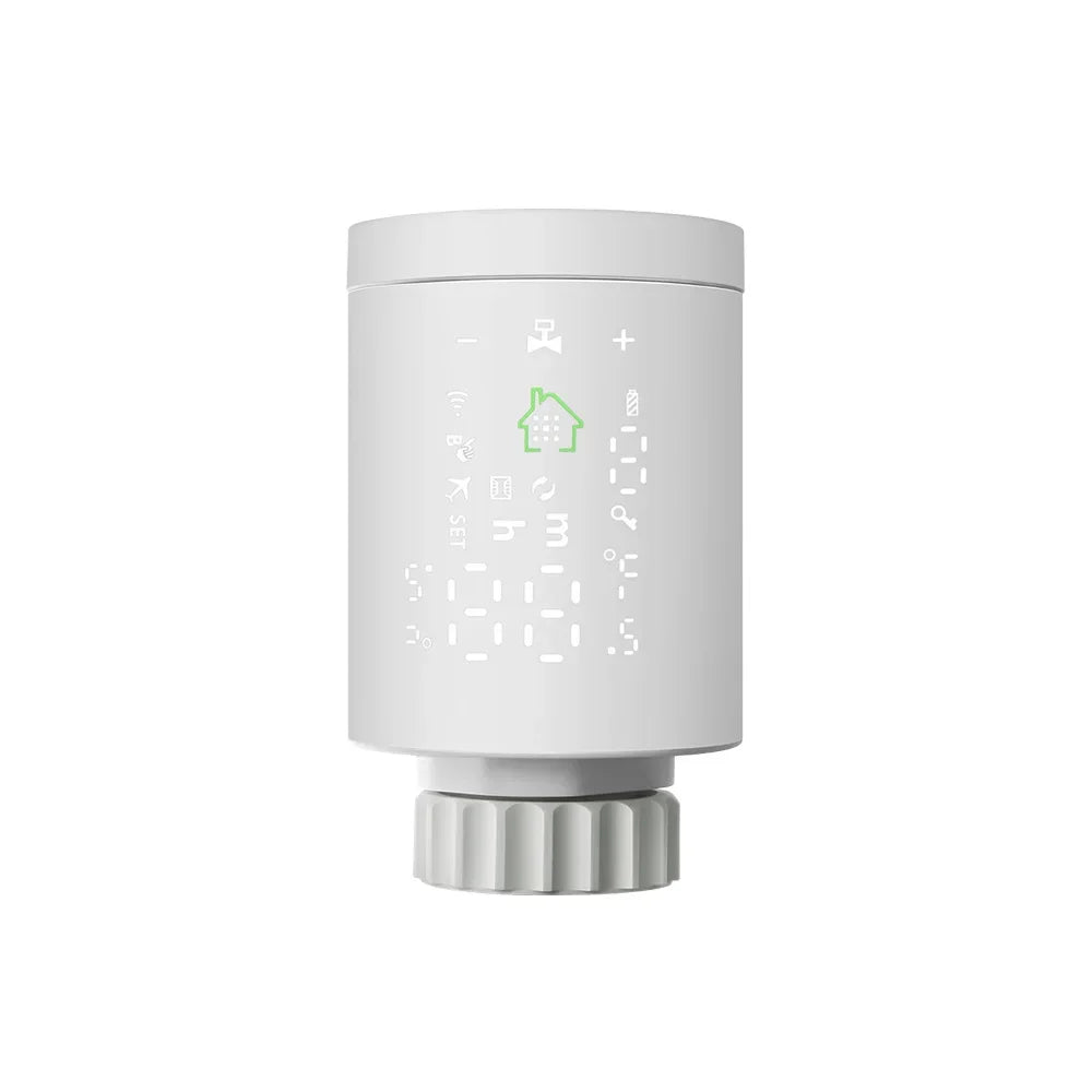 Tidesmit Matter compatible smart radiator thermostat valve with Tuya Zigbee WiFi app control and Alexa support.