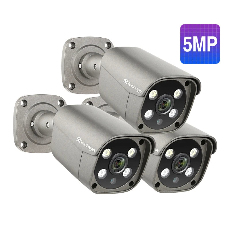 Three gray outdoor bullet security cameras with 5MP resolution badge