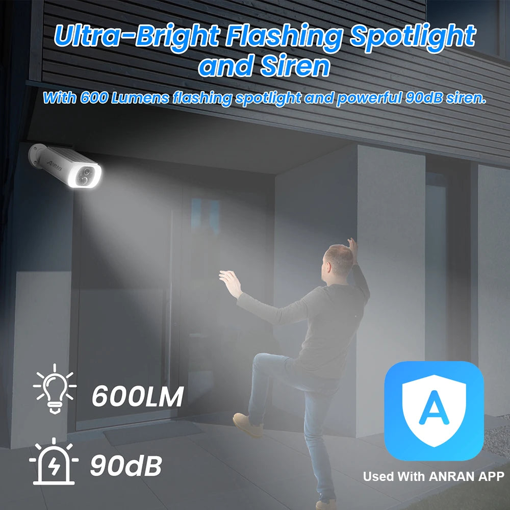 ANRAN 2K Solar Camera Built-in Battery 3MP 2.4G WIFI Security Camera Flood lights Free Basic Cloud Storage Color Night Vision