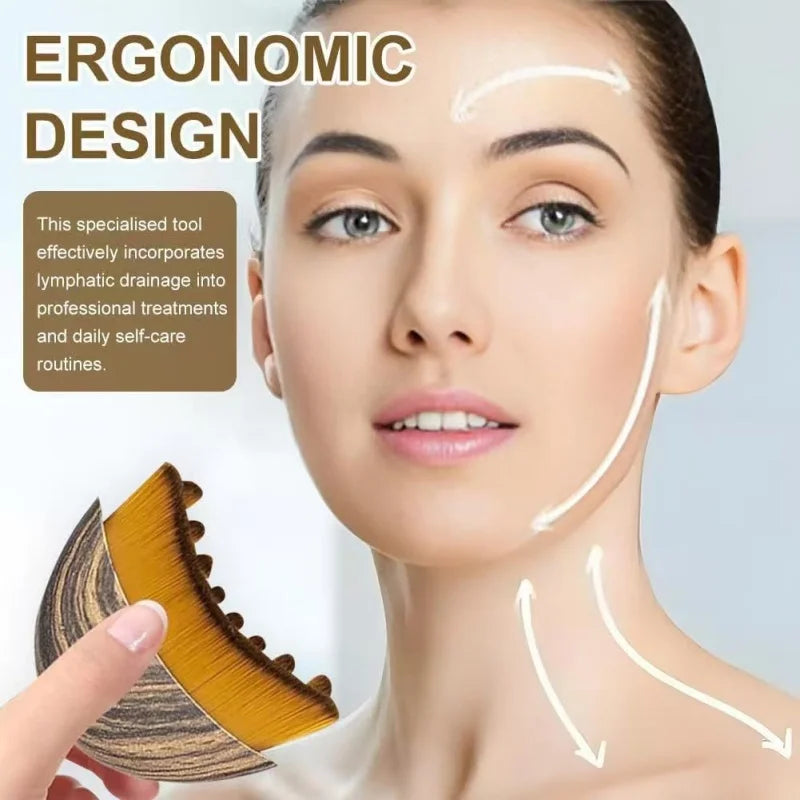Ergonomic soft fiber facial massage brush for lymphatic drainage, contouring, and puffiness reduction on face and neck.