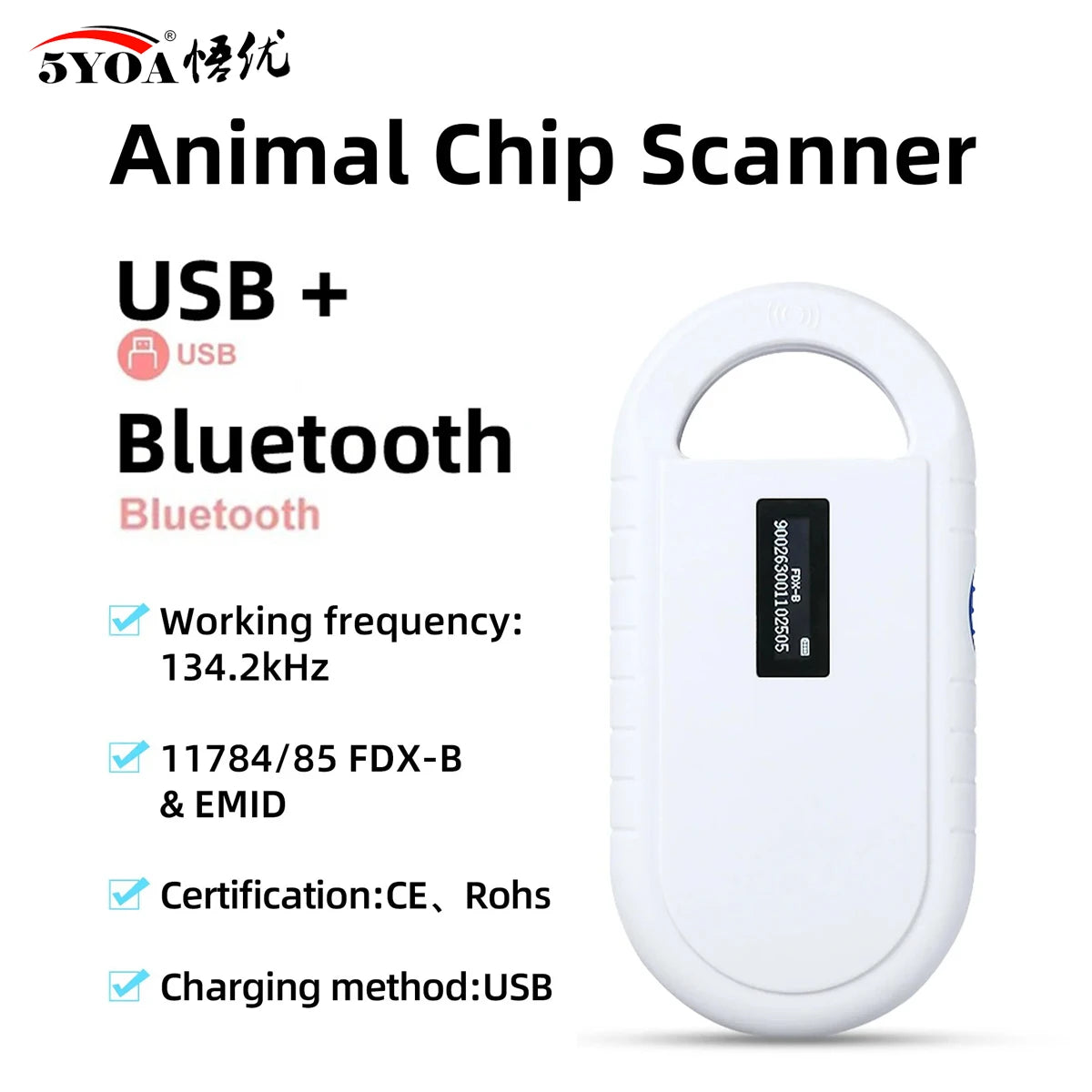 5YOA white handheld pet microchip scanner with OLED display, USB & Bluetooth, for ISO FDX-B dog and cat ID identification.