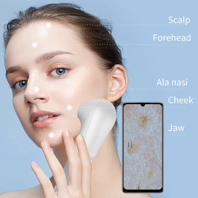 White professional HD scalp and skin follicle detector device analyzing facial skin and hair health on a woman.