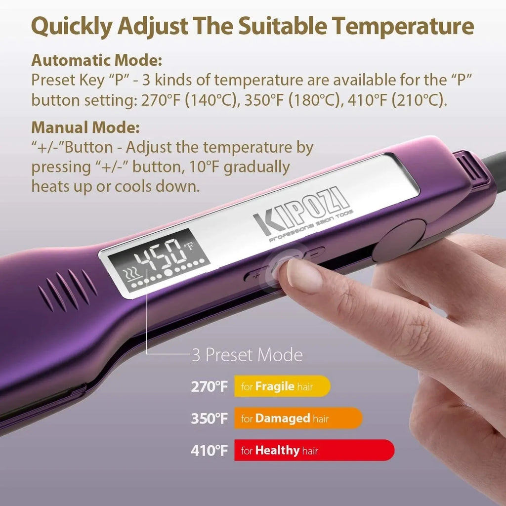 Purple KIPOZI titanium flat iron hair straightener with digital LCD temperature display and preset heat mode buttons.
