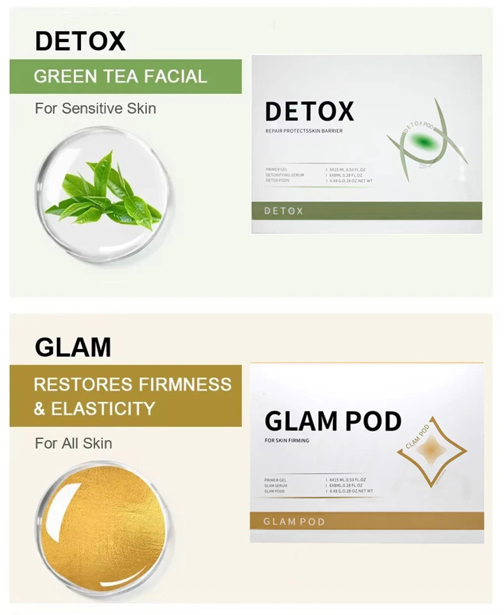 Detox Green Tea and Glam facial treatment kits with serum gels, pods, and product boxes for skin care devices.