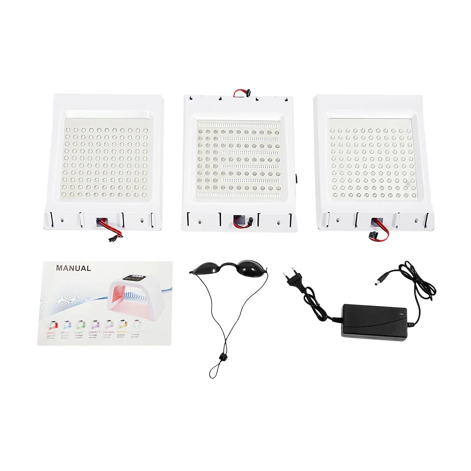 Three LED light therapy panels, protective goggles, a power adapter, and a manual for skin treatment.