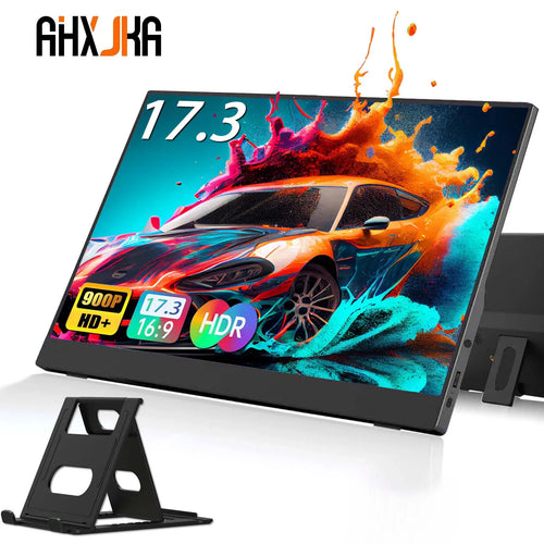 17.3-inch AHXJKA portable monitor with slim black bezel, HDR support, and an adjustable folding stand.