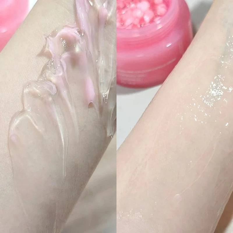 Pink collagen capsule face cream, shown as a gel-like texture swiped on skin next to a pink jar of product.
