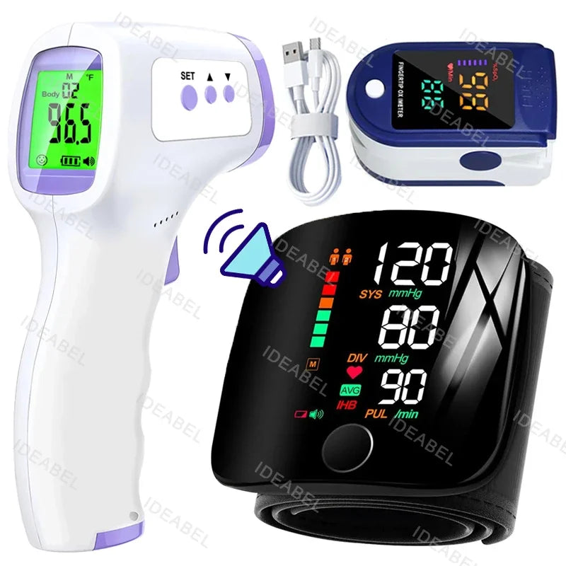 Wrist Blood Pressure Monitor LED Rechargeable English Voice Broadcast Tonometer BP Monitor Forehead Digital Thermometer