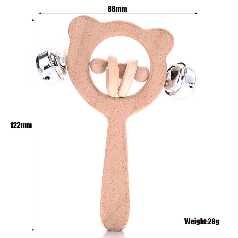 Natural wood bear teething ring toy for baby relief.