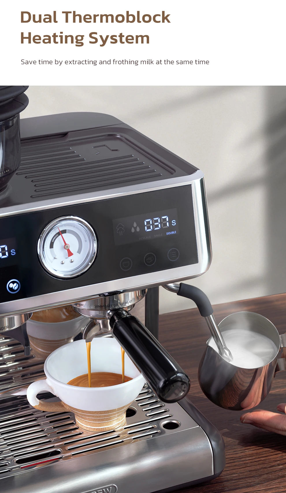 Stainless steel espresso machine with dual thermoblock system, pressure gauge, and milk steaming wand in action.