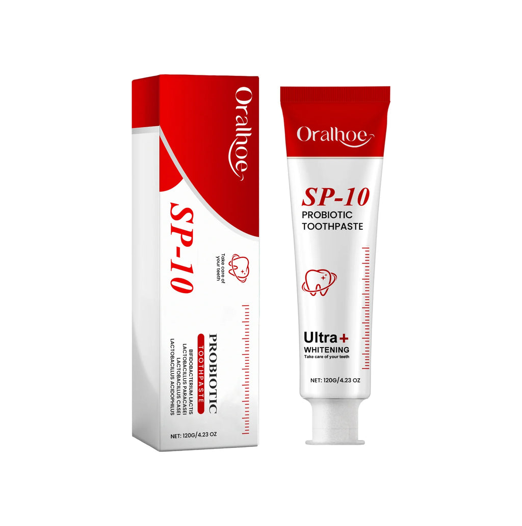 Tidesmit Sp10 Probiotic Toothpaste for teeth whitening, plaque removal, and gum health support.