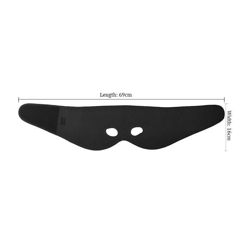 Black, textured air layer half-face mask with eye cutouts, measuring 69cm in length and 16cm in width.