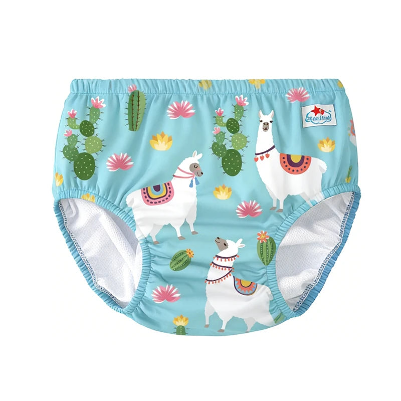 Reusable baby swim diaper in blue with llama and cactus print, featuring a secure fit for pool and beach care.