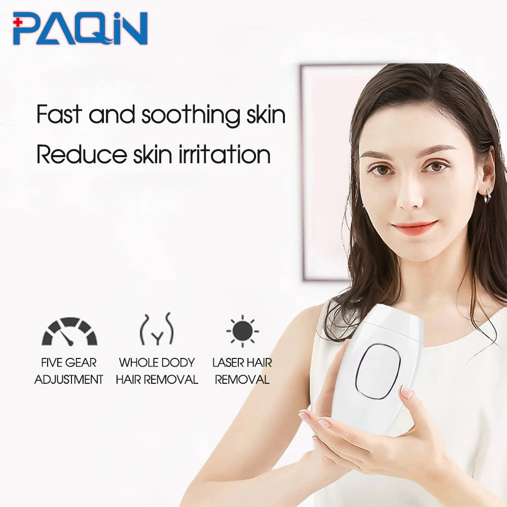 Woman holding a white painless IPL laser hair removal device for whole body use with 5 adjustable intensity gears.
