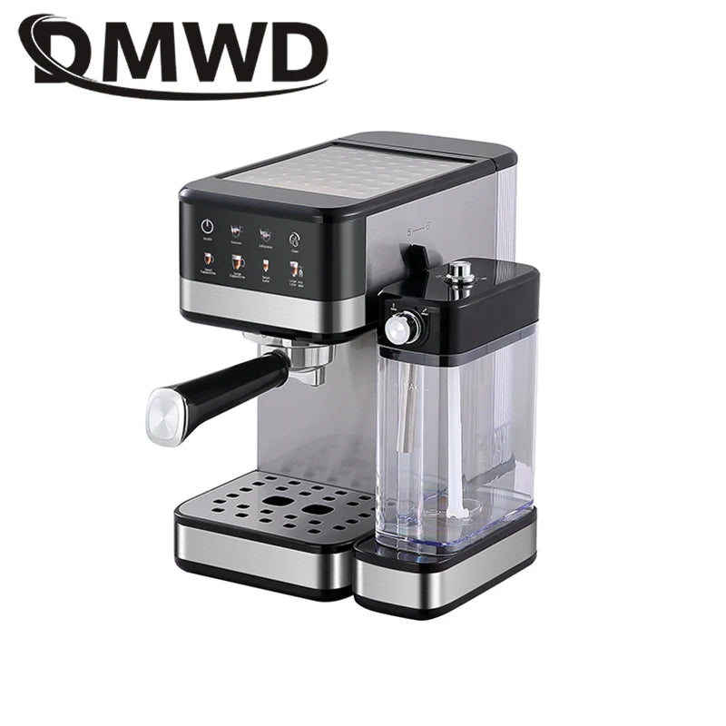 QMWD stainless steel espresso machine with digital touch display, milk frother, and clear water reservoir.