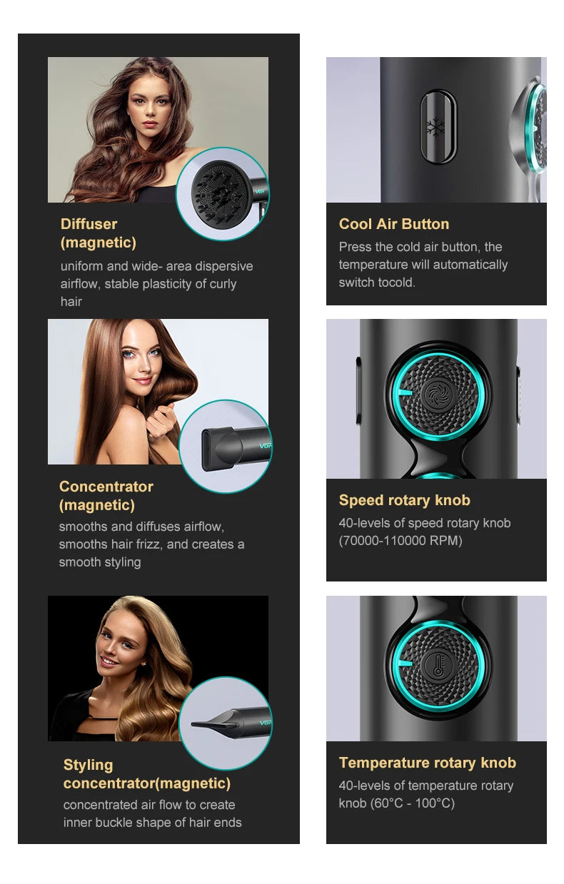VGR V-401 professional leafless hair dryer with magnetic attachments, 110k RPM, rotary speed and temp controls.