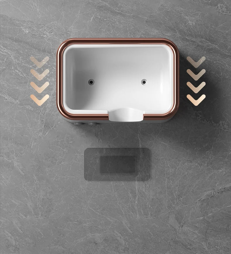 White and rose gold non-perforated wall-mounted hair dryer storage bracket for modern bathroom hair care appliances.