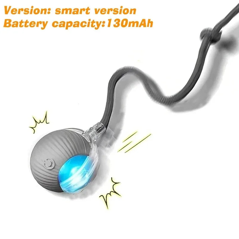 Smart interactive grey rolling ball toy for cats and dogs, rechargeable, with LED light for engaging pet playtime.