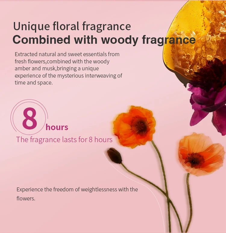 AILKE long-lasting floral woody perfume with amber and musk notes. Women’s fragrance ad featuring fresh floral essence.