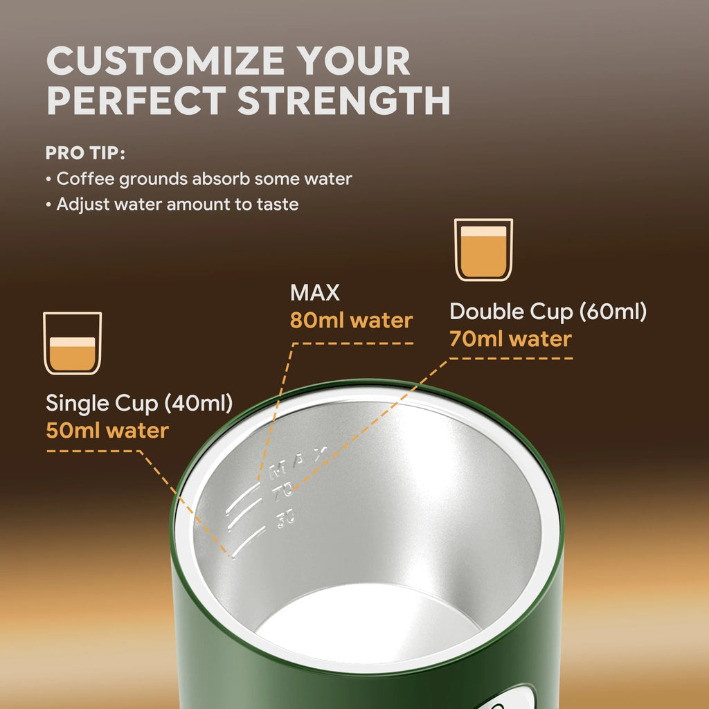 Green portable coffee maker internal reservoir with 80ml max capacity markings for single and double shots.