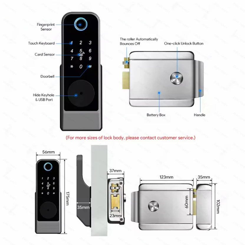 Tuya WiFi Smart Door Lock TTLock BLE APP Fingerprint Password IC Card Key One-Press Indoor Unlock IP66 Waterproof Gate Door Lock