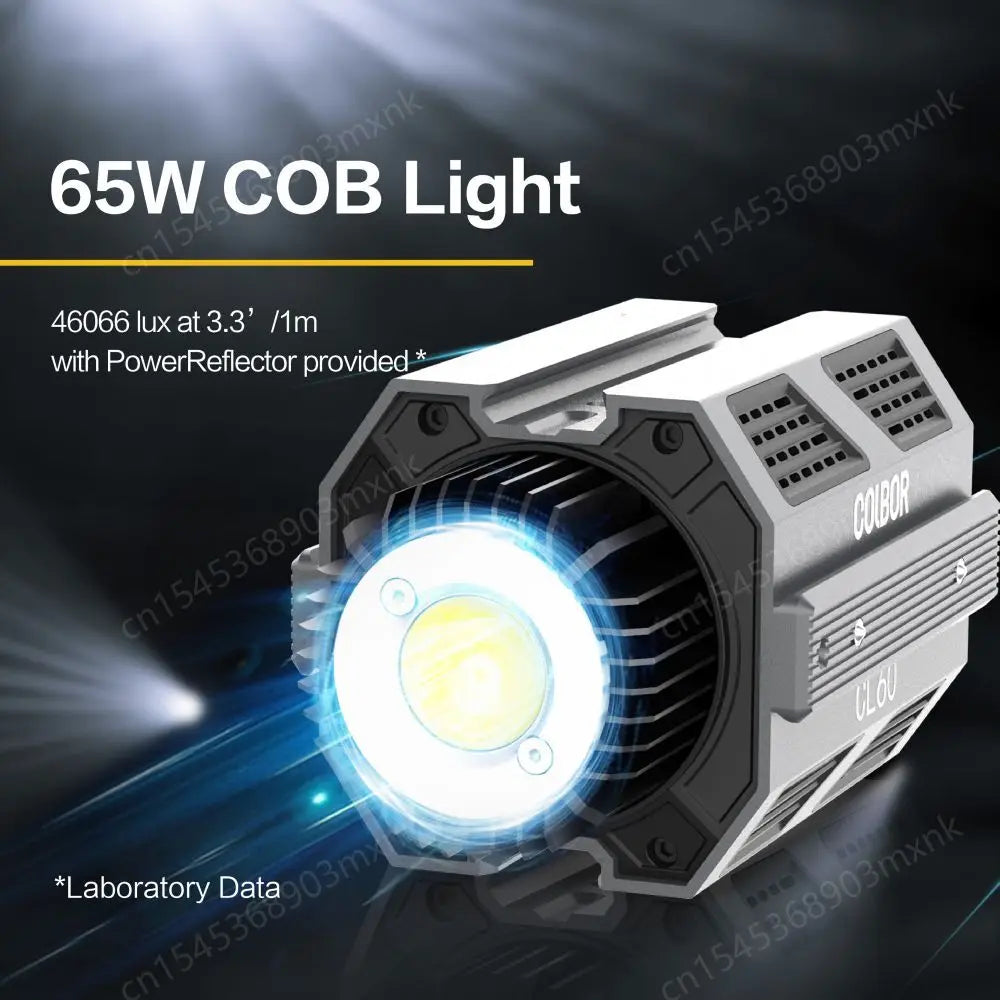 65W COB LED video light with a silver, hexagonal metal housing, front-facing circular lens, and heat sink vents.