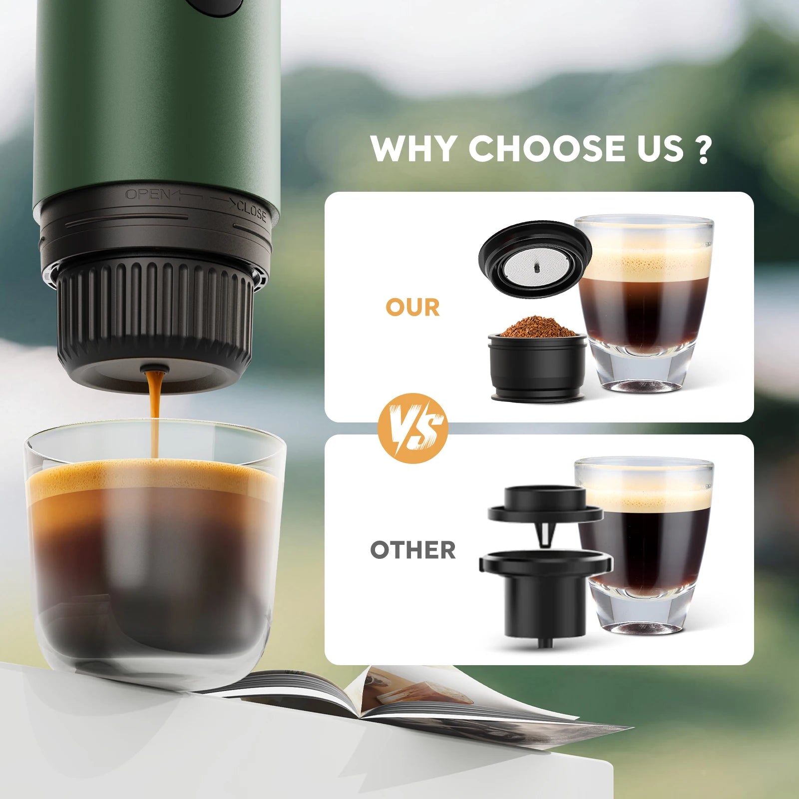 Green portable espresso maker dispensing coffee into a glass, highlighting superior filter design vs competition.