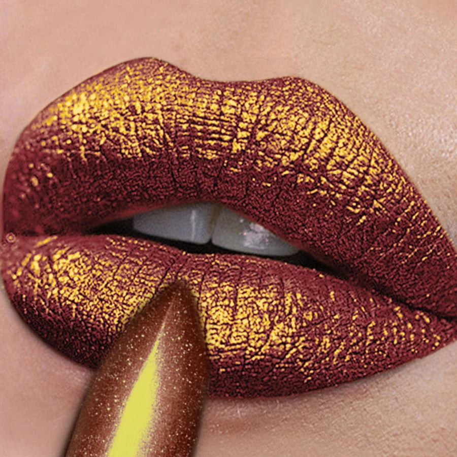 Bold, pearlescent metallic lipstick with intense glitter finish on lips. Long-lasting, shimmering dark red lip tint.