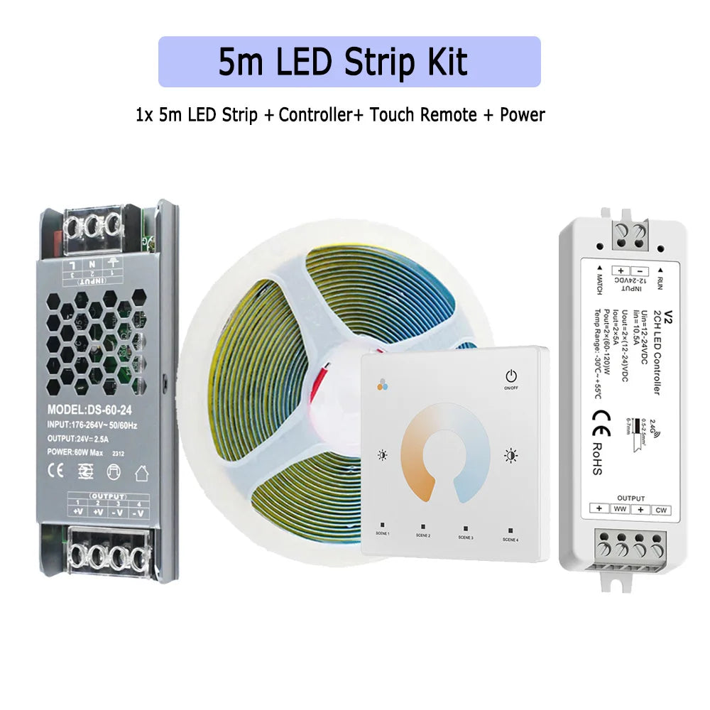 5m flexible dual-white LED strip kit with controller, touch remote, and power supply