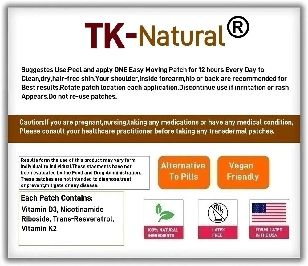 Tidesmit NAD Transdermal Patches with Vitamin D3, K2, and Trans-Resveratrol for Anti-Aging and Energy Support.