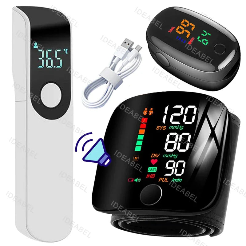 New LED Wrist Blood Pressure Monitor English Voice Broadcast Sphygmomanometer Tonometer BP Monitor Forehead Digital Thermometer