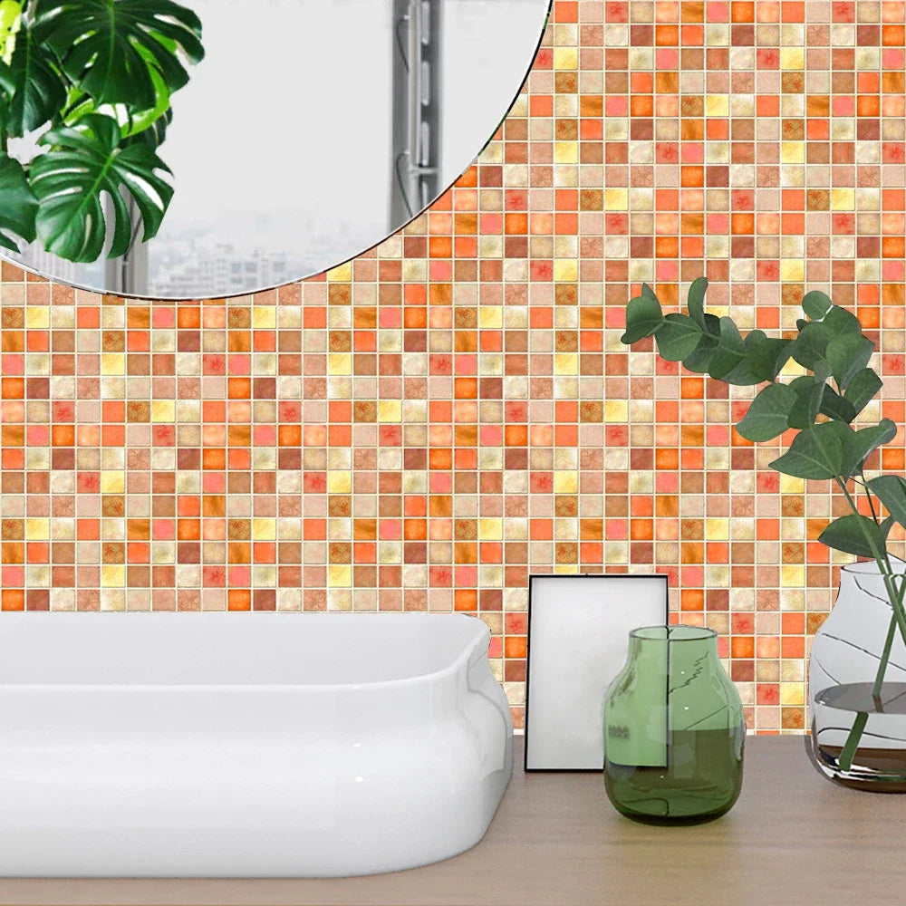 10pcs/set 10/15/20/30cm Flat Orange Marble Mosaic Hard Tiles Wall Sticker Kitchen Bathroom Home Decor Wallpaper PVC Art Mural