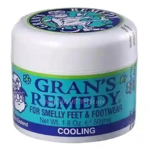 Gran's Remedy cooling foot powder in a white 50g jar with blue label for odor control and smelly footwear care.