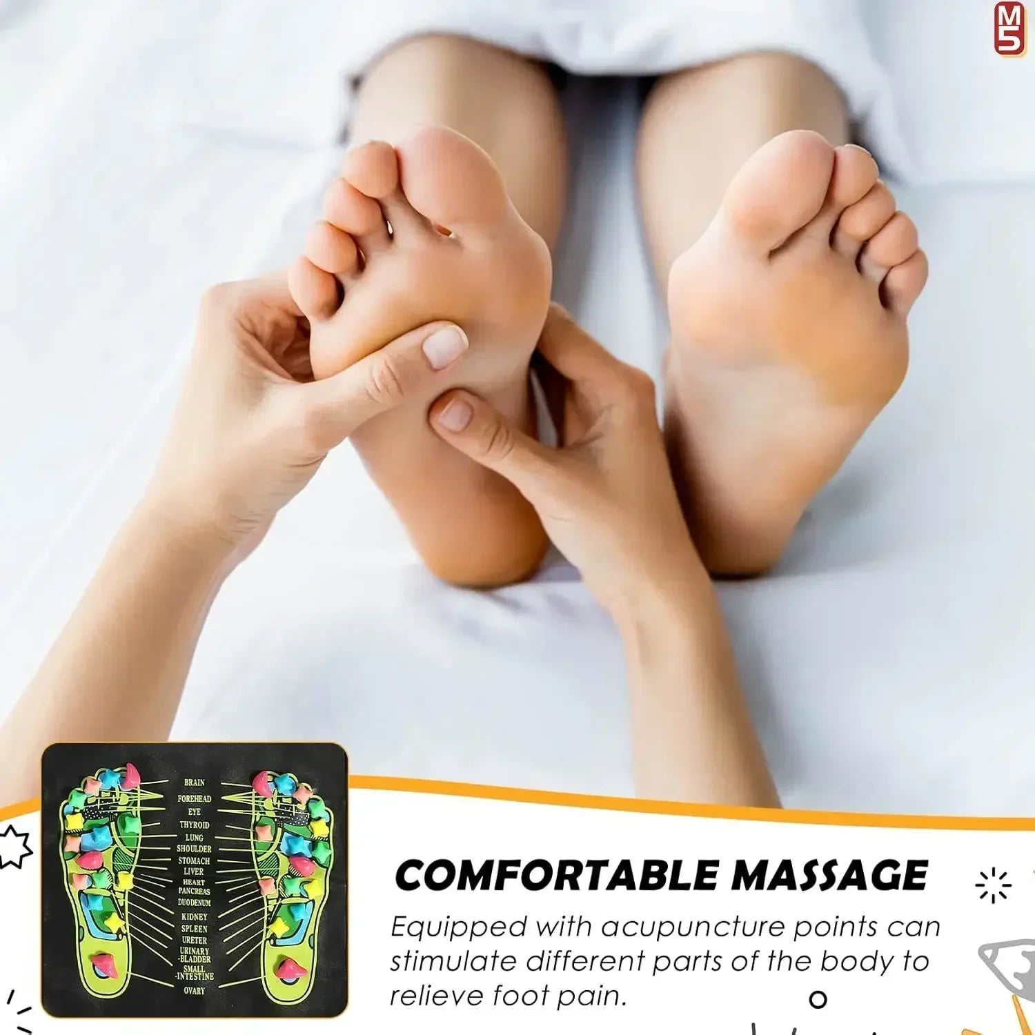 Black foot reflexology acupressure massage pad with colorful pressure stones for foot pain relief and health therapy.