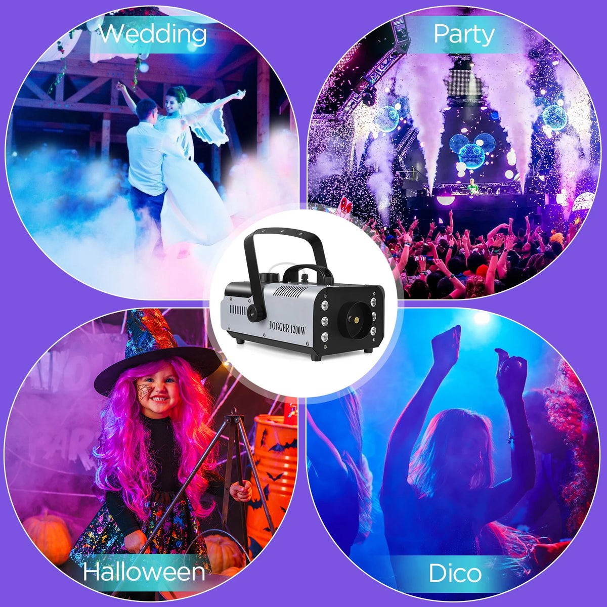 1200W fog machine used for party and dance events with colorful stage fog effect circles