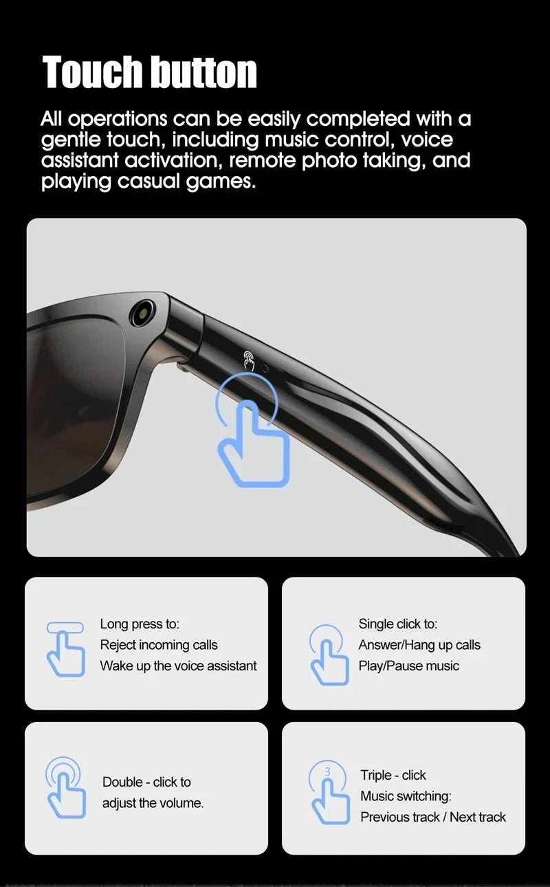 Black smart glasses with a touch-sensitive temple for controlling music, calls, and voice commands.